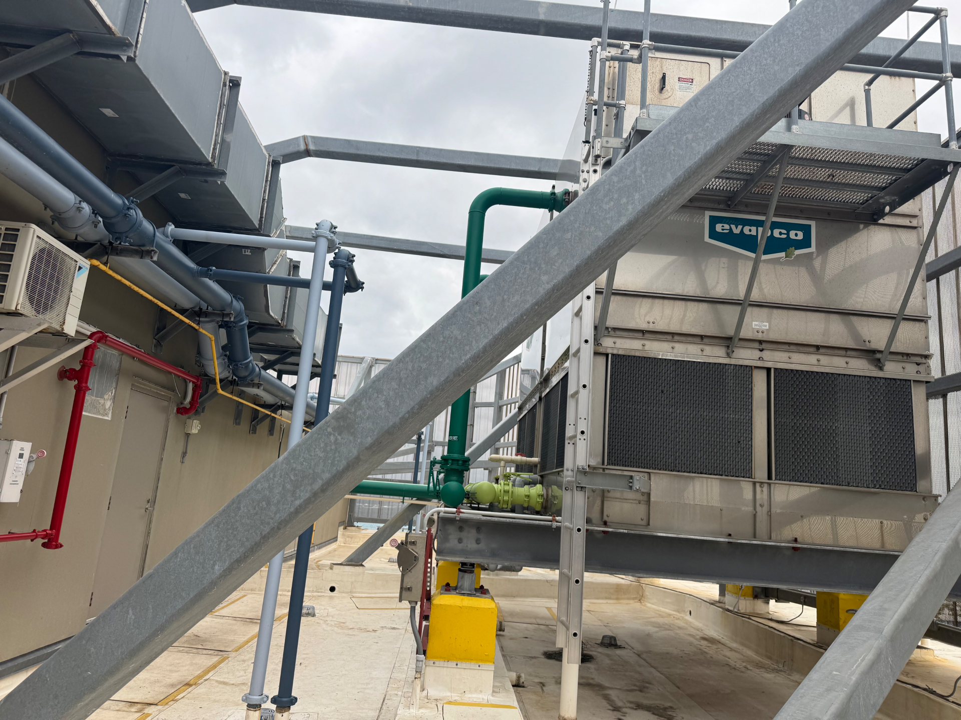 Commercial mechanical room — Evapco tower & piping